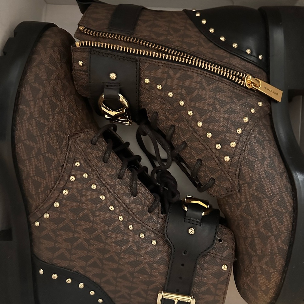 MICHAEL Michael Kors Brown Combat Boots with Gold Accents